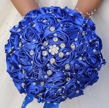 Bridal Wedding Bouquet Round Bling Brooch Bouquet Throw Toss Artificial Rose Flower Bunch for Bride Bridesmaid Wedding Quinceanera(Royal Blue, 9.8")