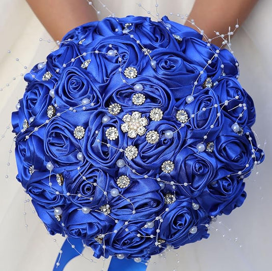 Bridal Wedding Bouquet Round Bling Brooch Bouquet Throw Toss Artificial Rose Flower Bunch for Bride Bridesmaid Wedding Quinceanera(Royal Blue, 9.8")