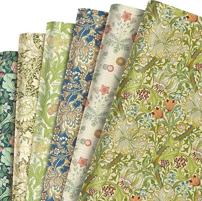 12 Sheets William Morris Wrapping Paper Set William Morris Gift Wrapping Paper 6 Design Green Vines and Flowers Pattern Paper for Flowers Themed Party Wedding Bridal Shower Baby Shower 20'' x 27''