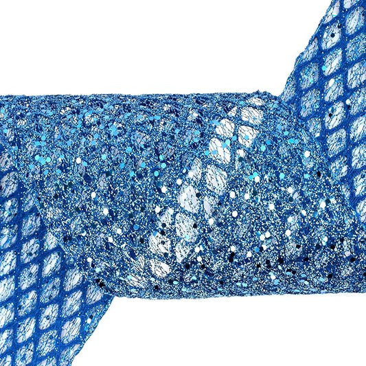 VATIN 6" Blue Christmas Ribbon, Blue Glitter Mesh Diamond Web Sequin Dots Wired Christmas Ribbon for Gift Wrapping Bow Making Wreath Supply-10 Yards