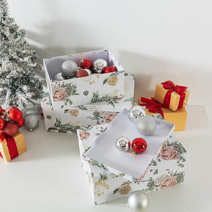 Soul & Lane Christmas Gift Box - Evergreen Ensemble - Set of 3: Holiday Themed Nesting Storage Boxes, Keepsake and Photo Boxes with Lids, Festive Decorative Cardboard Containers for Presents