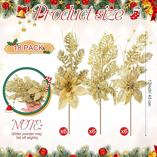 18 Pack 3 Styles 17 Inch Christmas Glitter Poinsettia Berry Stems Ornaments Artificial Floral Branches Picks for Christmas Tree Home Vase Holiday Party Decor(Gold)