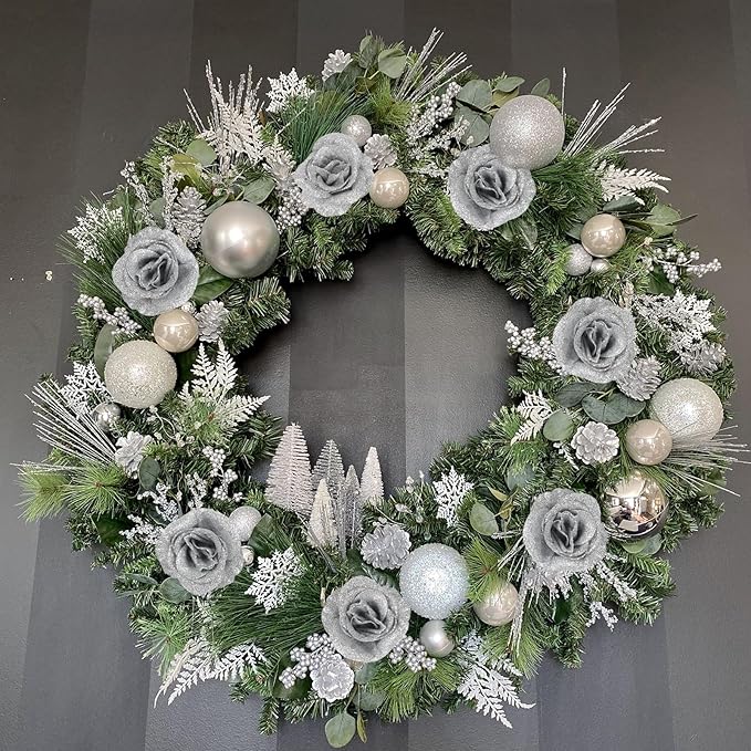 30PCS Silver Roses Artificial Flowers Fake Glitter Roses Silk Flower for DIY Crafts Wedding Bouquet Party Home Decor(Silver)