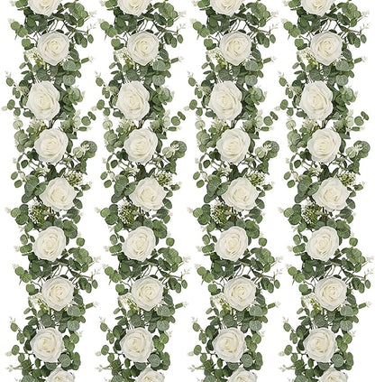 Dolicer 4Pcs 26Ft Artificial Eucalyptus Garlands with Flowers - 8 Roses, Faux Floral Greenery Garlands Fake Flowers Vines for Wedding Table Centerpieces Arch Party Ceremony Backdrop Decor (White)