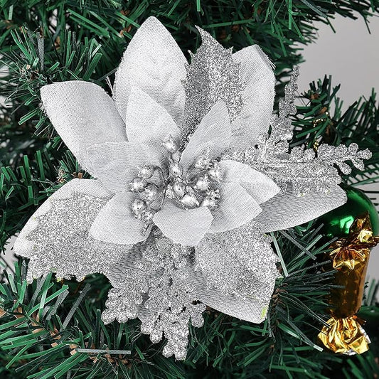 RECUTMS 10 Pieces Christmas Glitter Artificial Poinsettia Flowers Artificial Wedding Flowers Decorations Xmas Tree Ornaments 6-inch Decor Wreath Garland Holiday(Silver)