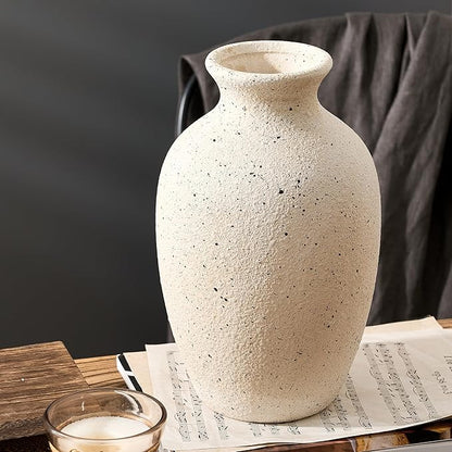 Large Ceramic Rustic Flower Vase, 10.43 Inch Tall Vintage Pottery Home Decor, Antique Farmhouse Terracotta Vase for Living Room, Table, Shelf, Mantel Decoration, Farmhouse - Cream-White