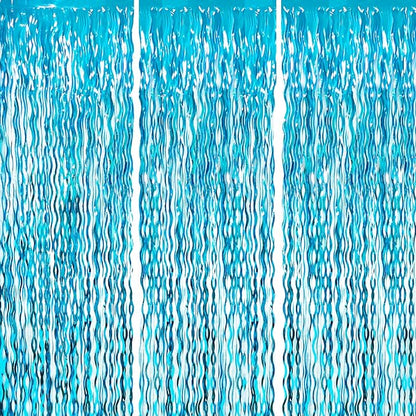 Goer Metallic Tinsel Foil Fringe Curtains for Party Photo Backdrop Wedding Decor (3 Pcs,Wavy Light Blue)