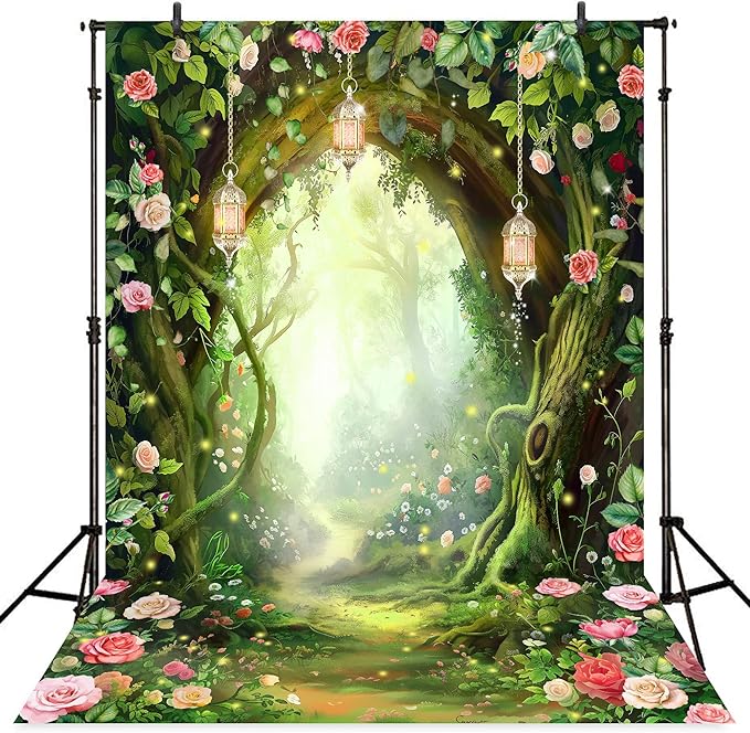 Riyidecor Enchanted Fairy Backdrop Polyester Fabric Fantasy Spring Wonderland Flower Greenery Woodland Tale 6Wx8H Feet Rose Nature Tree Photography Background Birthday Baby Shower Photo Studio Shoot