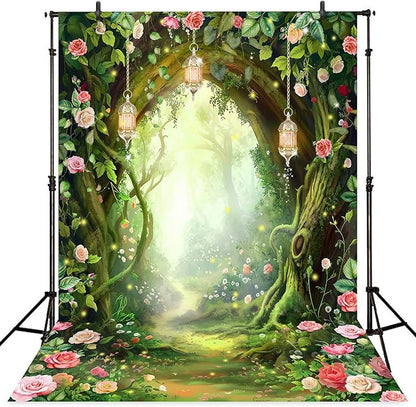 Riyidecor Enchanted Fairy Backdrop Polyester Fabric Greenery Woodland Tale Wonderland Flower Rose Fantasy Spring Nature Tree 5Wx7H Feet Floral Plant Photography Background Birthday Photo Studio Shoot