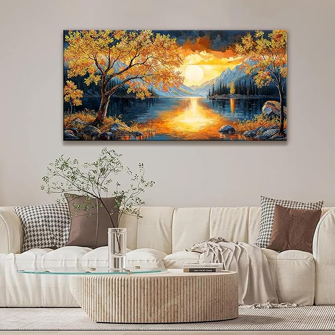 Wall Art For Living Room Canvas Art Wall Decor Modern Wall Art Gold Tree River Sunrise Landscape Painting Print Picture For Bedroom Office Apartment Hotel Home Wall Decoration 24 X 48 In