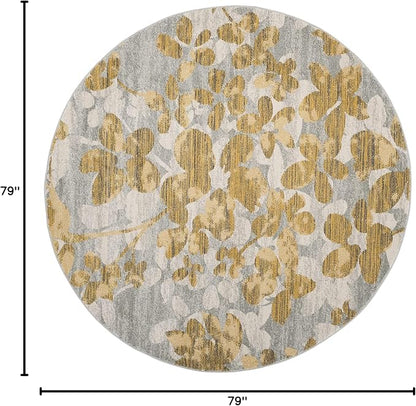 SAFAVIEH Evoke Collection Area Rug - 6'7" Round, Grey & Gold, Floral Design, Non-Shedding & Easy Care, Ideal for High Traffic Areas in Living Room, Bedroom (EVK236P)