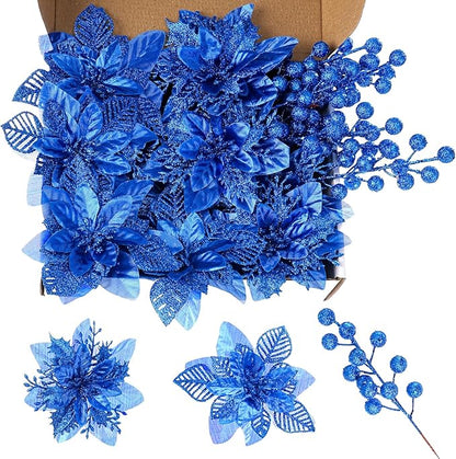 24 Pcs Royal Blue Boxed Christmas Poinsettia Flowers Set, 16 Pcs Artificial Poinsettias with Clips, 8 pcs Glitter Christmas Tree Ornaments Berry Stems for Wedding Home Holiday Xmas Decorations