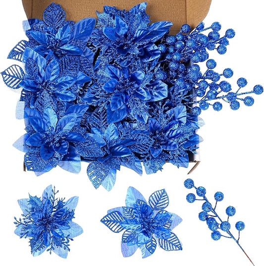 24 Pcs Royal Blue Boxed Christmas Poinsettia Flowers Set, 16 Pcs Artificial Poinsettias with Clips, 8 pcs Glitter Christmas Tree Ornaments Berry Stems for Wedding Home Holiday Xmas Decorations