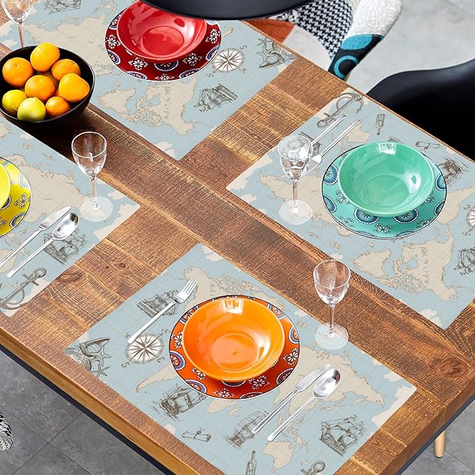 Vintage World Map Placemats Set of 4, Placemats for Dining Table,Heat Resistant Stain Resistant Wipeable Table Mats for Kitchen Dining Holiday Party Home Decor,12x18 Inch