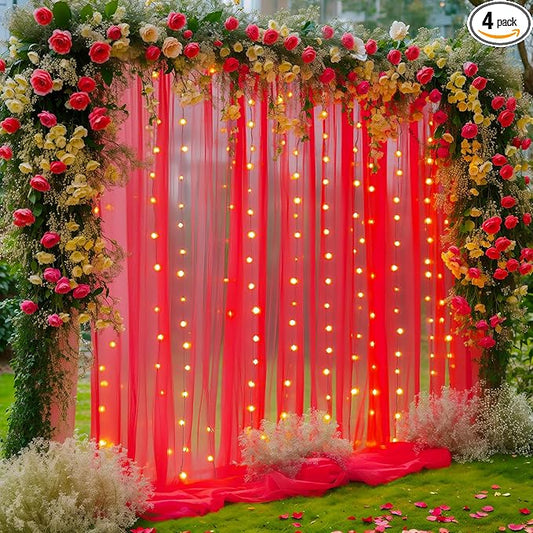 20×10ft Red Tulle Backdrop Curtain with Lights for Parties, Sheer Photo Backdrop Curtains for Wedding Party Photography Background