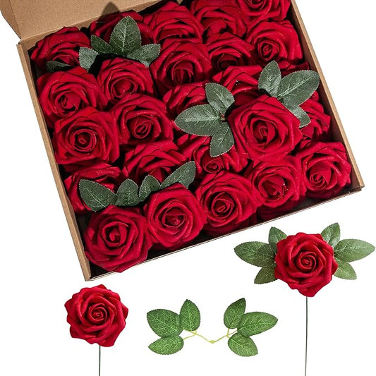Artificial Flower Foam Rose 25pcs Real Looking Fake Rose with Stems Leaves for Home Decoration Party Garden Centerpieces DIY Wedding Bouquets（Dark Red）