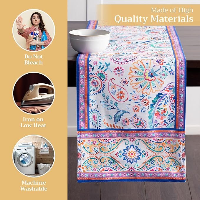 Maison d' Hermine Table Runner 100% Cotton Double Layer Table Runners 72 inches Long Decorative for Home Kitchen Dining Party Wedding Bridal Shower Spring Summer (Indian Floral, 14.50" x 72")