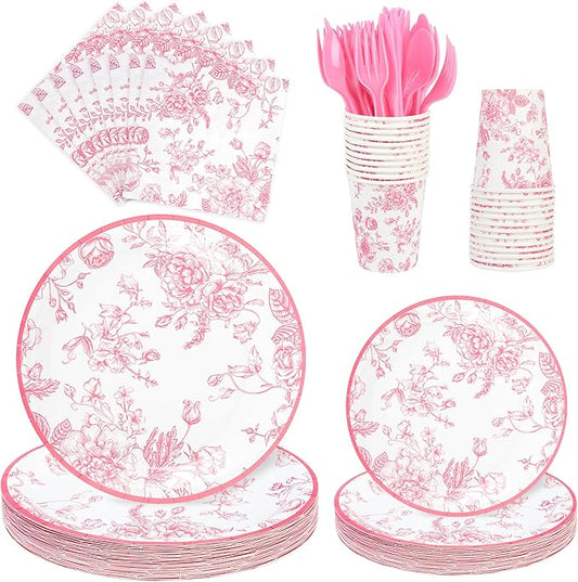 175Pcs Pink Floral Paper Plates and Napkins 25 Guests Pink White Toile Chinoiserie Party Supplies Set Include Plates Napkins Cups Spoons Forks Knives for Christmas Birthday Wedding Mother's Day