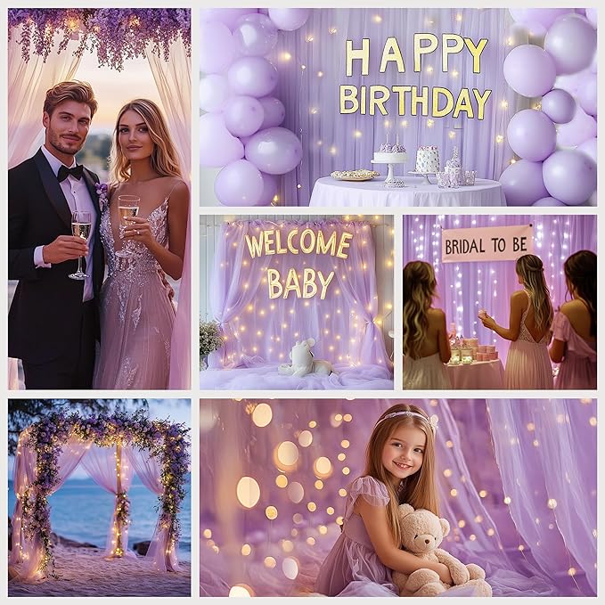 Tulle Curtain Backdrop with 300 LED Fairy Lights for Parites Wrinkle-Free Sheer Curtain Drapes Photo Back Drop for Wedding Baby Shower Bridal Shower Birthday Home Décor - 10ft×10ft, Lavender