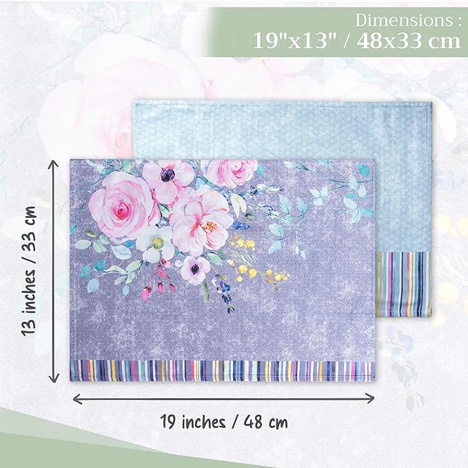 Maison d' Hermine Placemats Set of 4 100% Cotton Washable Cloth Place Mats, Reusable Table Mats for Kitchen Dining Decoration, Party, Restaurant Spring/Summer (Sweet Rose Lavender - Lush, 13" x 19")