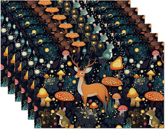 Fantasy Mushroom Forest Placemats Set of 6,Deer Bunny Place Mats Heat Resistant Washable Non-Slip Table Mats for Party Kitchen Dining Decor 12x18 Inch