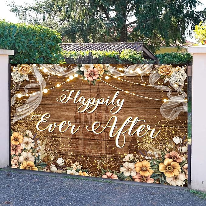 Happily Ever After Backdrop Bridal Shower Wedding Party Brown Wood Photography Background Boho Floral Golden Rose Dots Wedding Decor Banner Portrait Photo Booth Studio Props 7x5ft FU037YL