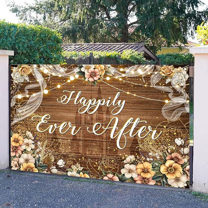Happily Ever After Backdrop Bridal Shower Wedding Party Brown Wood Photography Background Boho Floral Golden Rose Dots Wedding Decor Banner Portrait Photo Booth Studio Props 7x5ft FU037YL