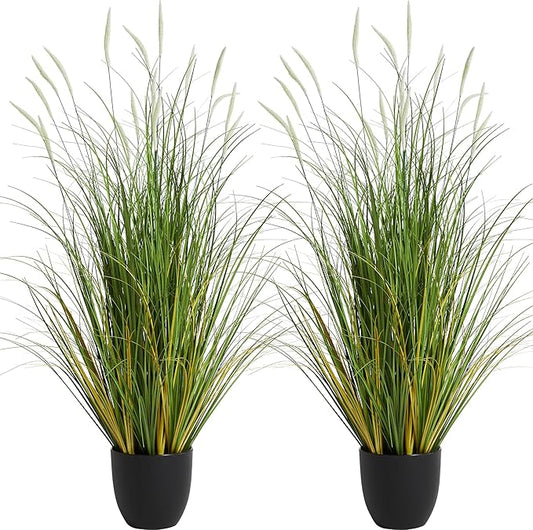 KOL 3ft 2-Pack Artificial Cattail Reed Grass, 35in Artificial Indoor Outdoor Fake Onion Grass Plant, Home Office Wedding Decorative Faux Potted Plant Greenery, Housewarming Gift, White