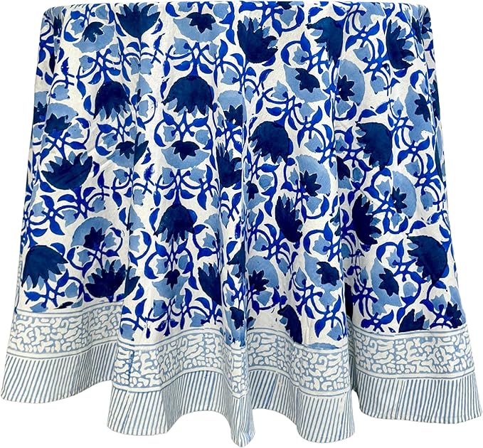 ATOSII Positano Blue 100% Cotton Round Boho Spring Summer Tablecloth, Handblock Floral Table Cloth Linen for Kitchen Dining I Parties Weddings Outdoors Grand Millennial I 72" Inches Round I 4 Seater