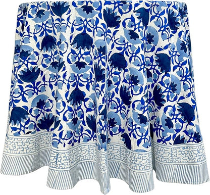 ATOSII Positano Blue 100% Cotton Round Boho Spring Summer Tablecloth, Handblock Floral Table Cloth Linen for Kitchen Dining I Parties Weddings Outdoors Grand Millennial I 72" Inches Round I 4 Seater