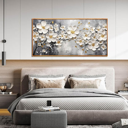 White Flower Art for Walls In Living Room - Office Wall Decor for Women - Wooden Framed Wall Art for Bedroom Size 29" x 59"