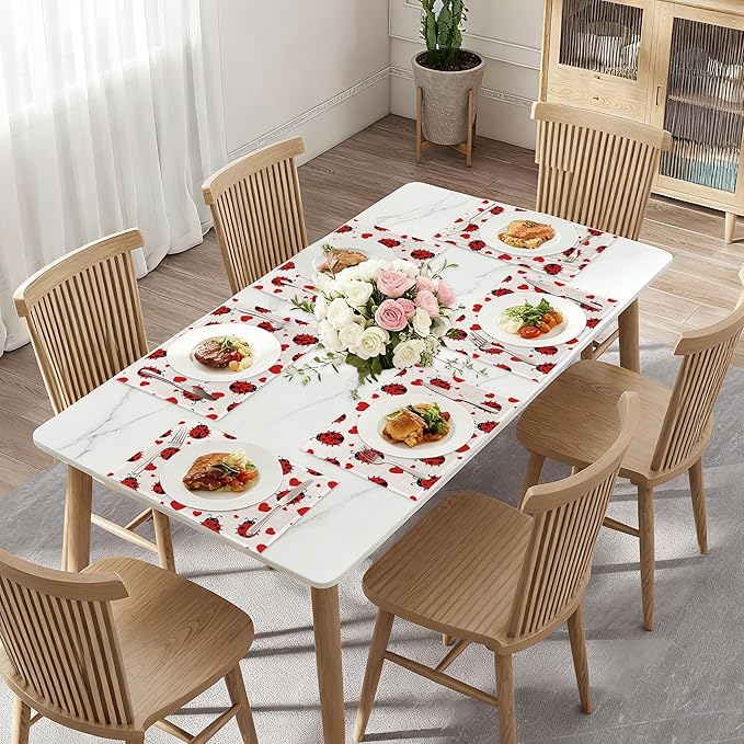 Ladybug Placemats Set of 6,Red Heart Dinner Table Mats Non-Slip Washable Mats for Kitchen Dinner Party Tablemat 12x18Inch