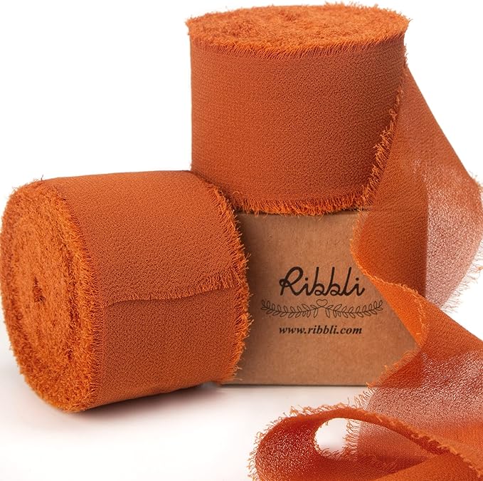 Ribbli Terracotta Chiffon Ribbon 1-1/2 inch x 20 Yard Handmade Fringe Chiffon Silk Ribbon,Black Ribbon for Wedding Invitations, Bridal Bouquets Wrapping, Flower Arrangement Decoration