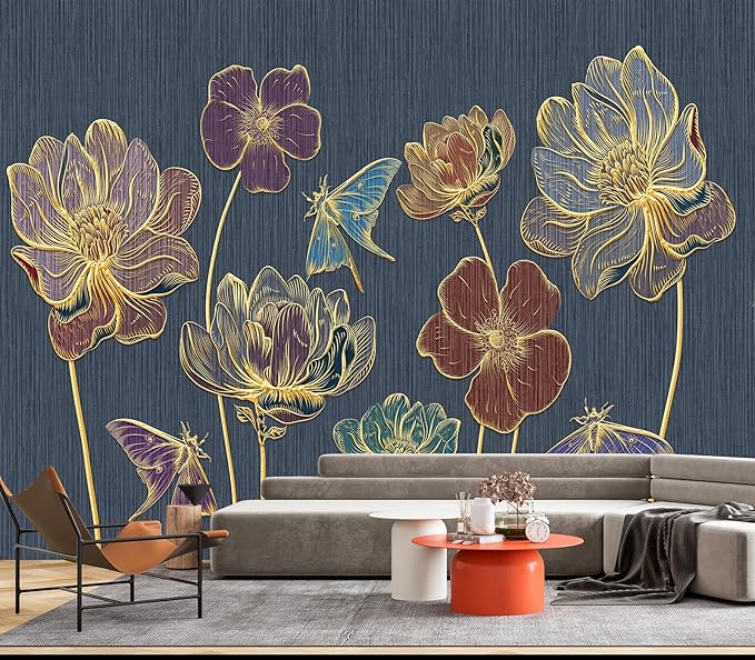 Eierme-Gold Embossed Plants and Flowers Mural Wallpaper Peel and Stick 160" x 114"