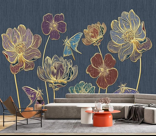 Eierme-Gold Embossed Plants and Flowers Mural Wallpaper Peel and Stick 137" x 102"