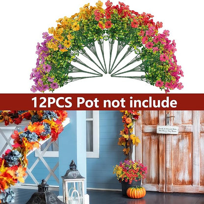 Artificial Flowers Faux Plants for Outdoor Garden Home Weeding Decoration, 12 Bundles Silk Colorful Daisy with Eucalyptus Leaves Fake Plants Greenery for Outdoor Outside Winter Chrsitmas Decor
