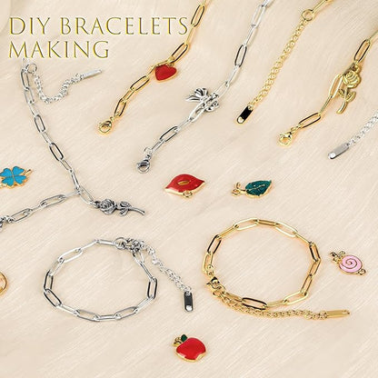 Starry 12 PCS Charm Bracelet Kit 18K Gold Plated Charm Bracelet Making Kit 6.3Inch Paperclip Chains Bracelets with Lobster Clasps Extender Chain DIY Adjustable for Jewelry Making (Gold & Silver)