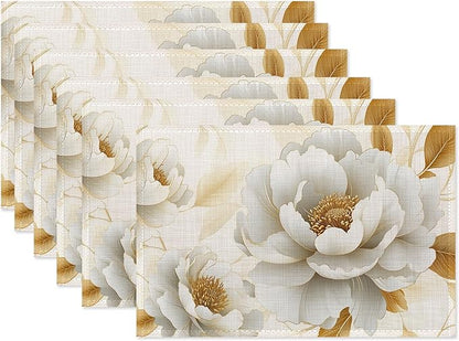 Vintage Peony Placemats Set of 6,White Gold Flower Waterproof Heat Resistant Dining Table Plate Mat for Home Kitchen Dining Table 12x18Inch