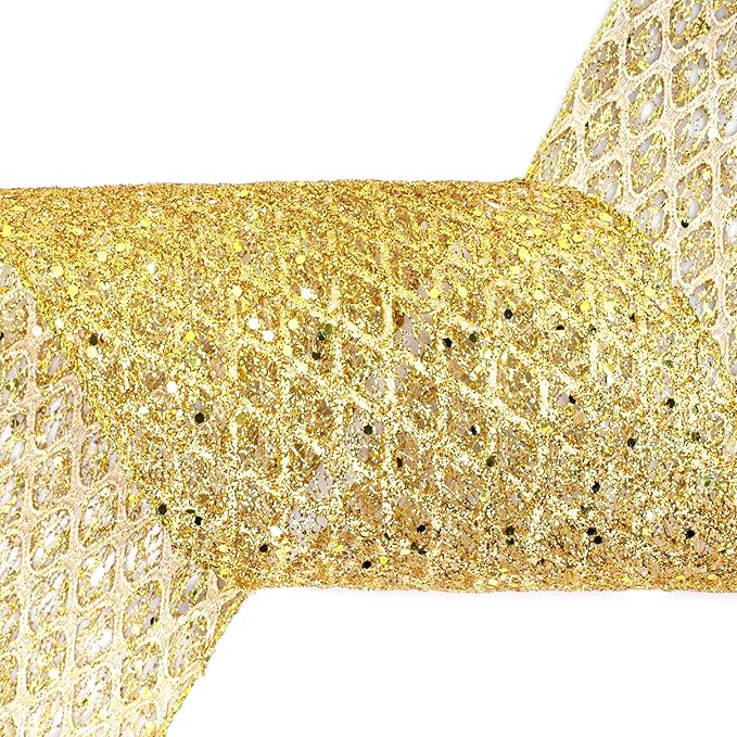 VATIN 6" Gold Christmas Ribbon, Gold Glitter Mesh Diamond Web Sequin Dots Wired Christmas Ribbon for Gift Wrapping Bow Making Wreath Supply-10 Yards