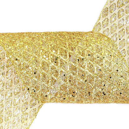 VATIN 6" Gold Christmas Ribbon, Gold Glitter Mesh Diamond Web Sequin Dots Wired Christmas Ribbon for Gift Wrapping Bow Making Wreath Supply-10 Yards