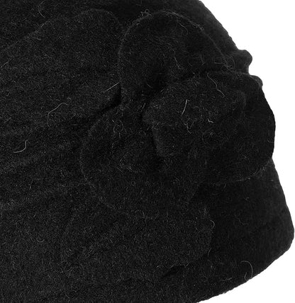 ZLYC Women Wool Cloche Bucket Hat 1920s Vintage Dress Winter Hats with Flower Accent
