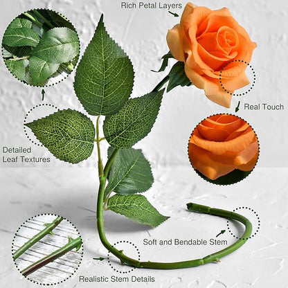 FiveSeasonStuff Silk Roses Artificial Flowers for Decoration, Home Decor Centerpiece for Tables, Wedding Bridal Bouquet of Flowers Real Touch Roses 12 Stems (Orange)