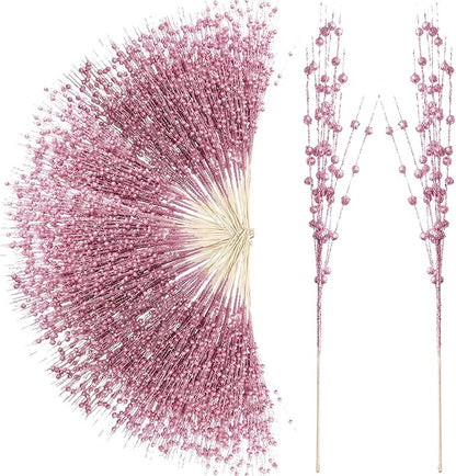 Geosar 30 Pcs Christmas Artificial Glitter Berry Stem Decorations 17 Inch Faux Stick Floral Pick Centerpiece Bouquet Flower Bead Twigs for Centerpiece Tree Wreath Xmas Ornaments Home(Pink)