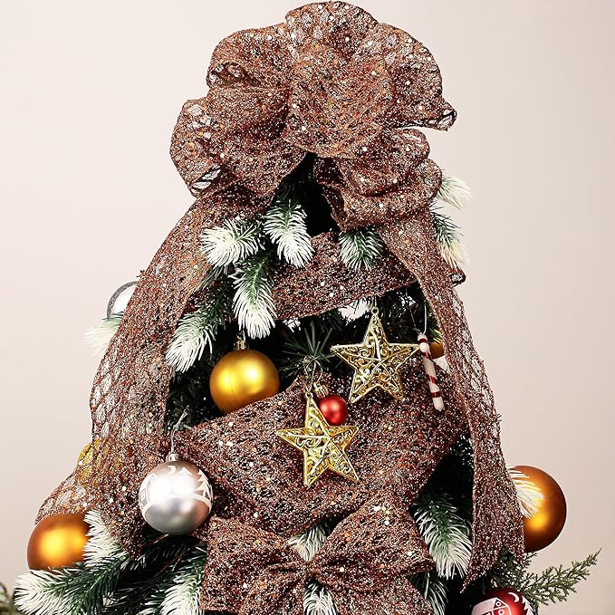 VATIN 4" Copper Christmas Ribbon, Copper Glitter Mesh Diamond Web Sequin Dots Wired Christmas Ribbon for Gift Wrapping Bow Making Wreath Supply-10 Yards