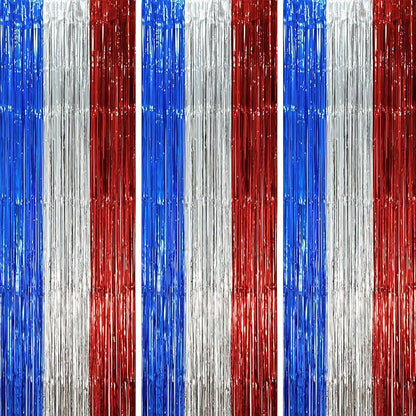 3 Pack 3.3 x 8.2 ft Blue Red Silver Foil Fringe Backdrop Curtains, Tinsel Streamers Party Decorations, Fringe Backdrop, Door Shimmer for Independence Day or Birthday Party