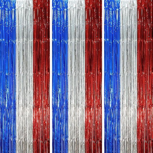 3 Pack 3.3 x 8.2 ft Blue Red Silver Foil Fringe Backdrop Curtains, Tinsel Streamers Party Decorations, Fringe Backdrop, Door Shimmer for Independence Day or Birthday Party