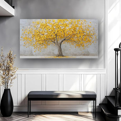 Yellow Abstract Ginkgo Tree Picture Print Canvas Wall Art Living Room Dining Room Office Study Bedroom Wall Decor Wall Art Prints Modern Style Artwork Waterproof Ready to Hang - 20x40 Inch