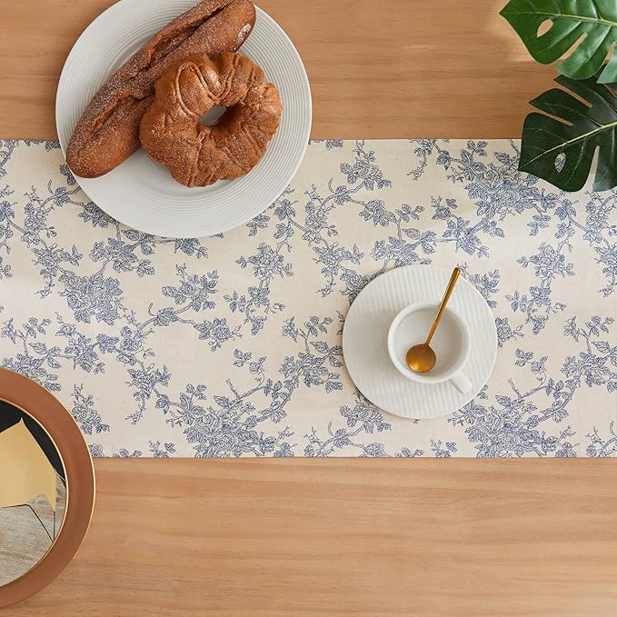 100% Cotton French Pastoral Table Runners, 13x108 Inch Blue Farmhouse Table Runners 108 Inches Long, Vintage Flowers Print Home Decors