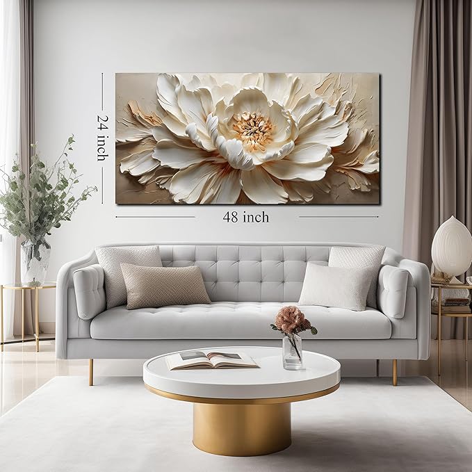 Flower Painting Wall Decor White Canvas Wall Art for Office Women,Teen Room Decor for Girls,Dining Room Art Wall Decor 24 x 48 Inch