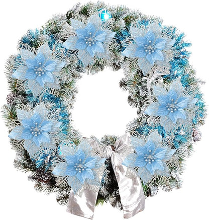 Geosar 24 Pieces Christmas Glitter Poinsettia Flowers Layered Artificial Xmas Flowers Wedding Christmas Tree New Year Ornaments 3/4/6 Inch(Blue)